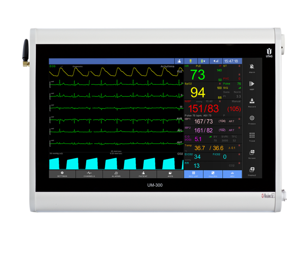 ICU hospital bed monitoring system with pulse oximeters, wireless central stations, and advanced patient data tracking.